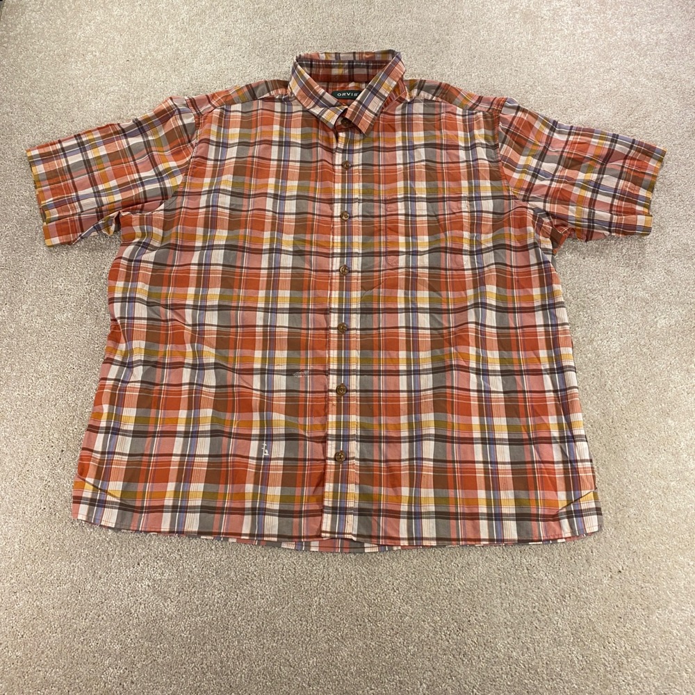 Orvis Button Up Shirt Mens XL Orange‎ Plaid Classic Fit Linen Blend Short Sleeve